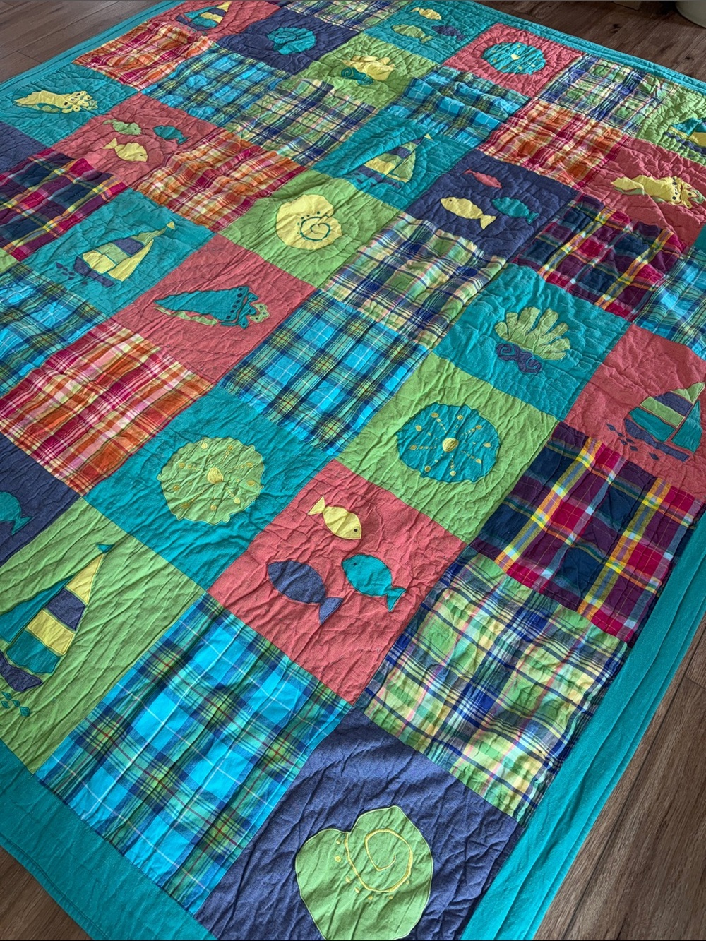 Beachy Bright Coastal Patchwork Plaid Quilt with Nautical Quilt Blocks